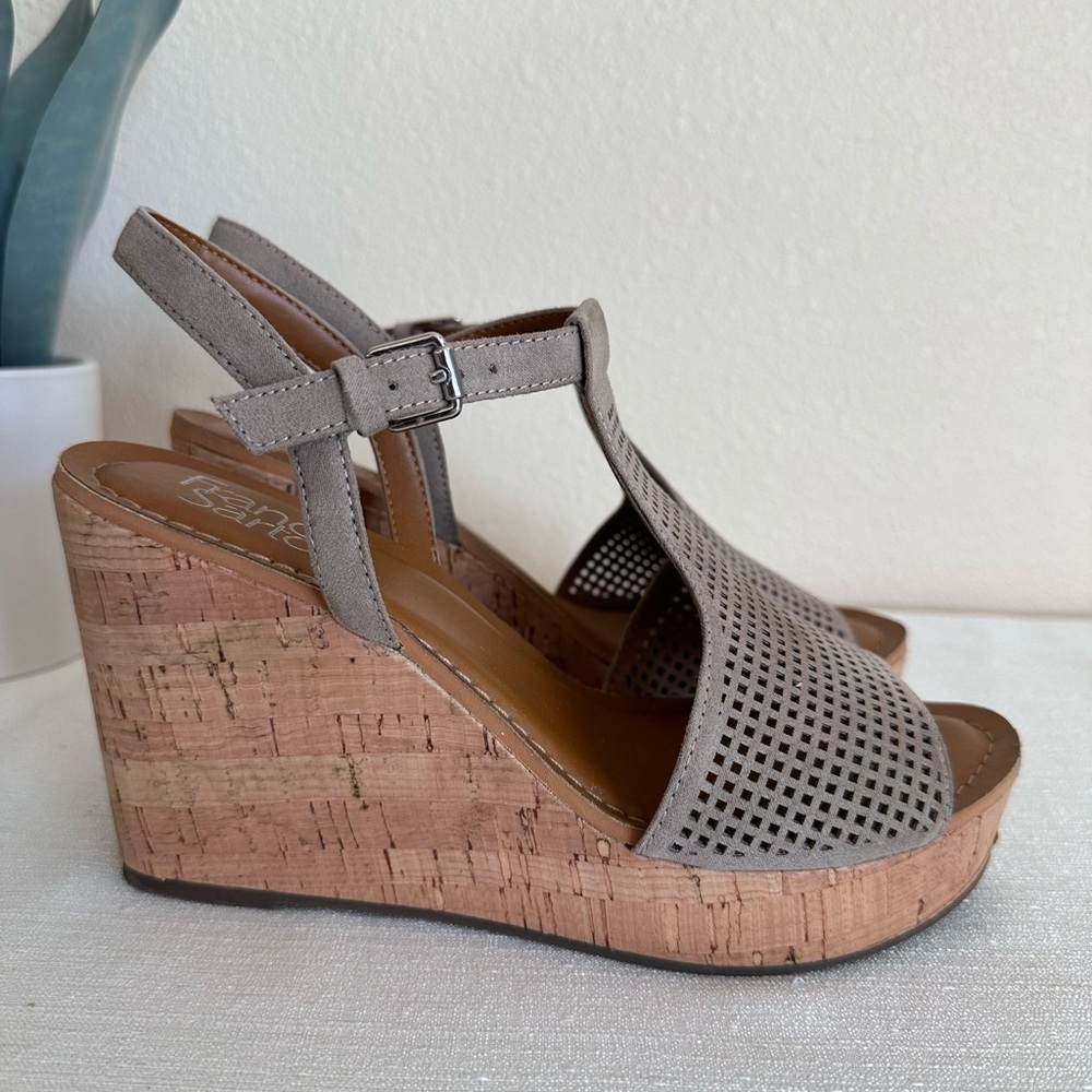 Franco Sarto Clinton2 Taupe Perforated Microsuede Cork Wedge Sandals 7.5M